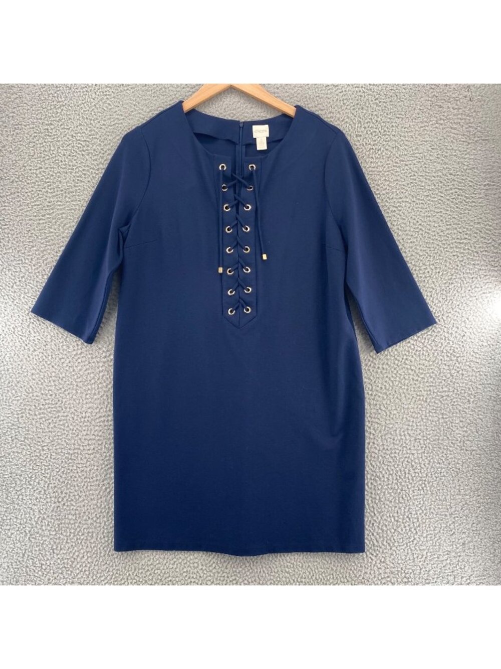 Chicos Dress Womens 3 US Extra Large Navy Lace Up Ponte Knit 3/4 Sleeves Mini